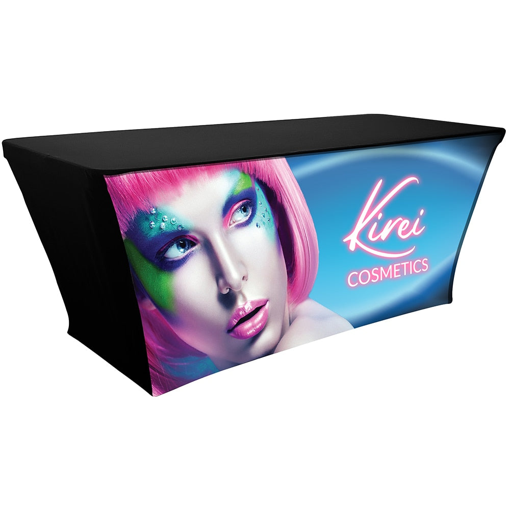 Backlit Fitted Table Throw 6 ft graphic package lit up, front view