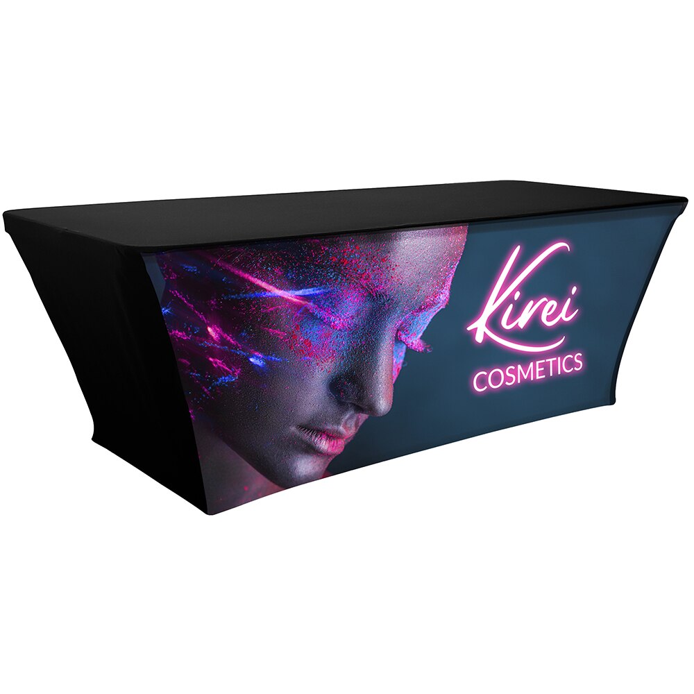 Backlit Fitted Table Throw 8 ft graphic package lit up, front view