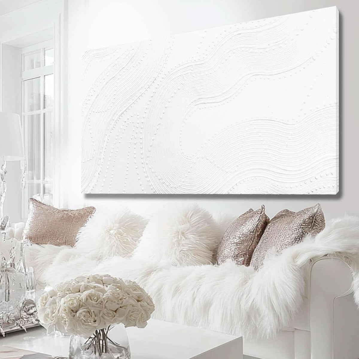 Textured Abstract Wall Art 24x48 Hand-Painted White Canvas – image 2