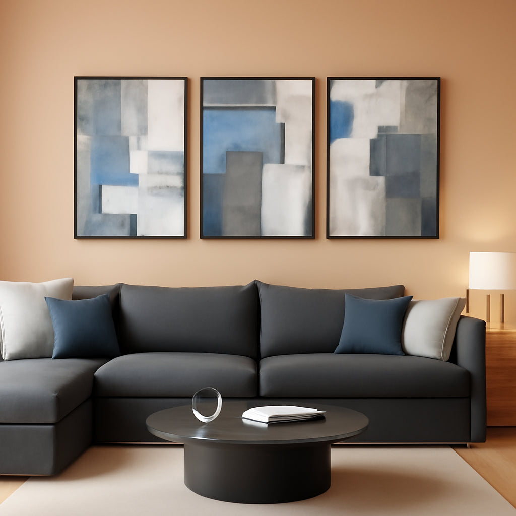 Area Modern Wall Art Set of 3 Framed Blue Grey for Living Room – main view
