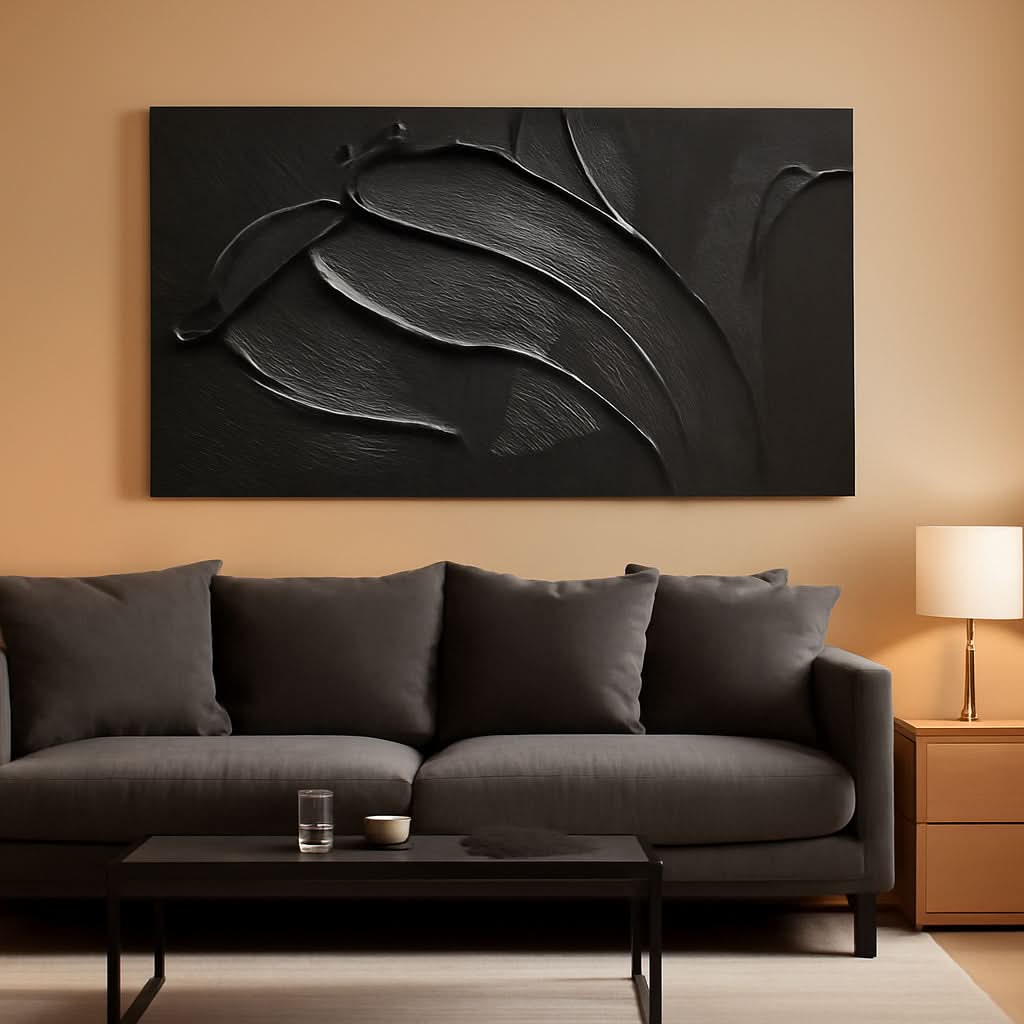 Textured Abstract Wall Art 29x58 Hand-Painted Black – main view