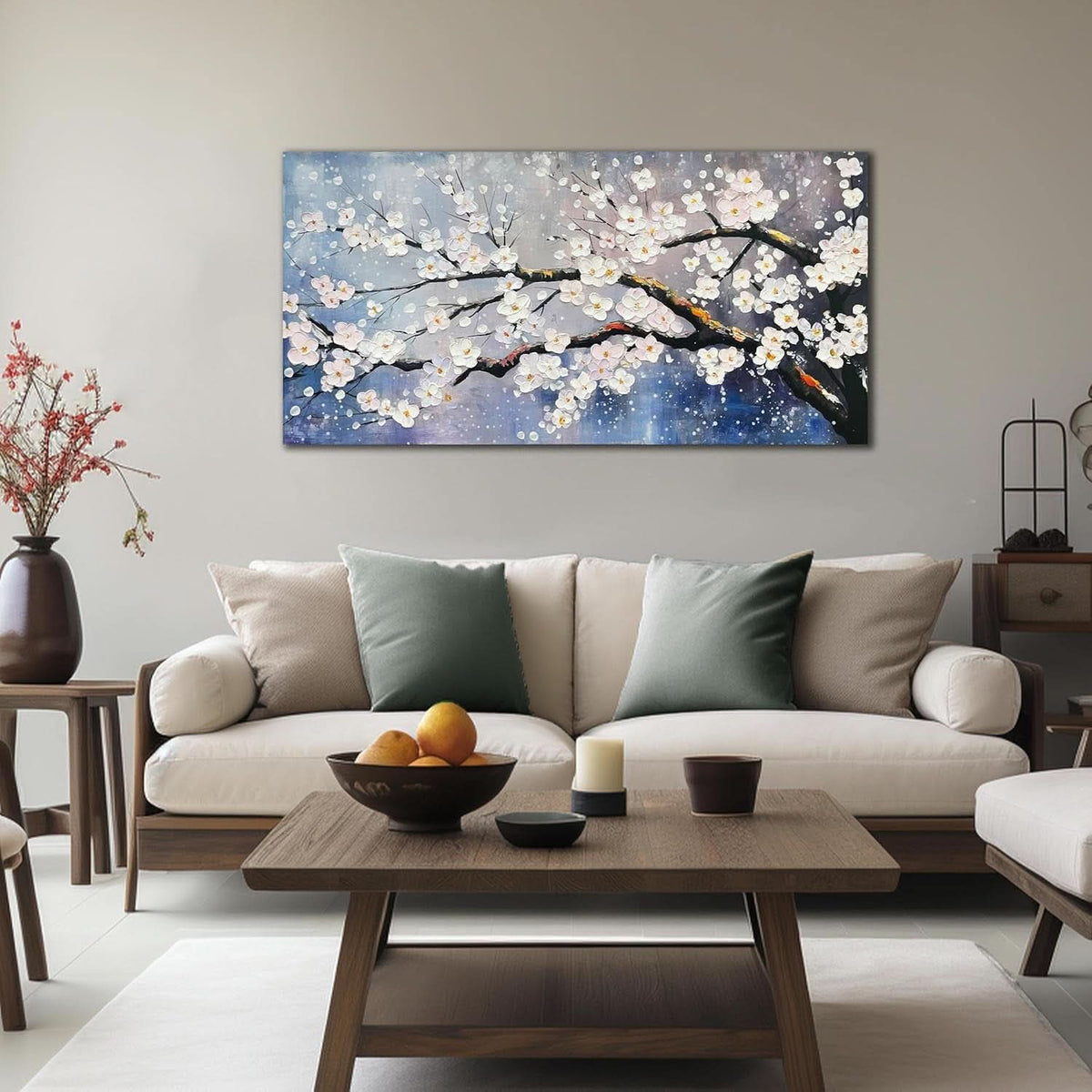 Plum Blossom Twent Floral Wall Art 40x20 Hand-Painted White Blue – image 8