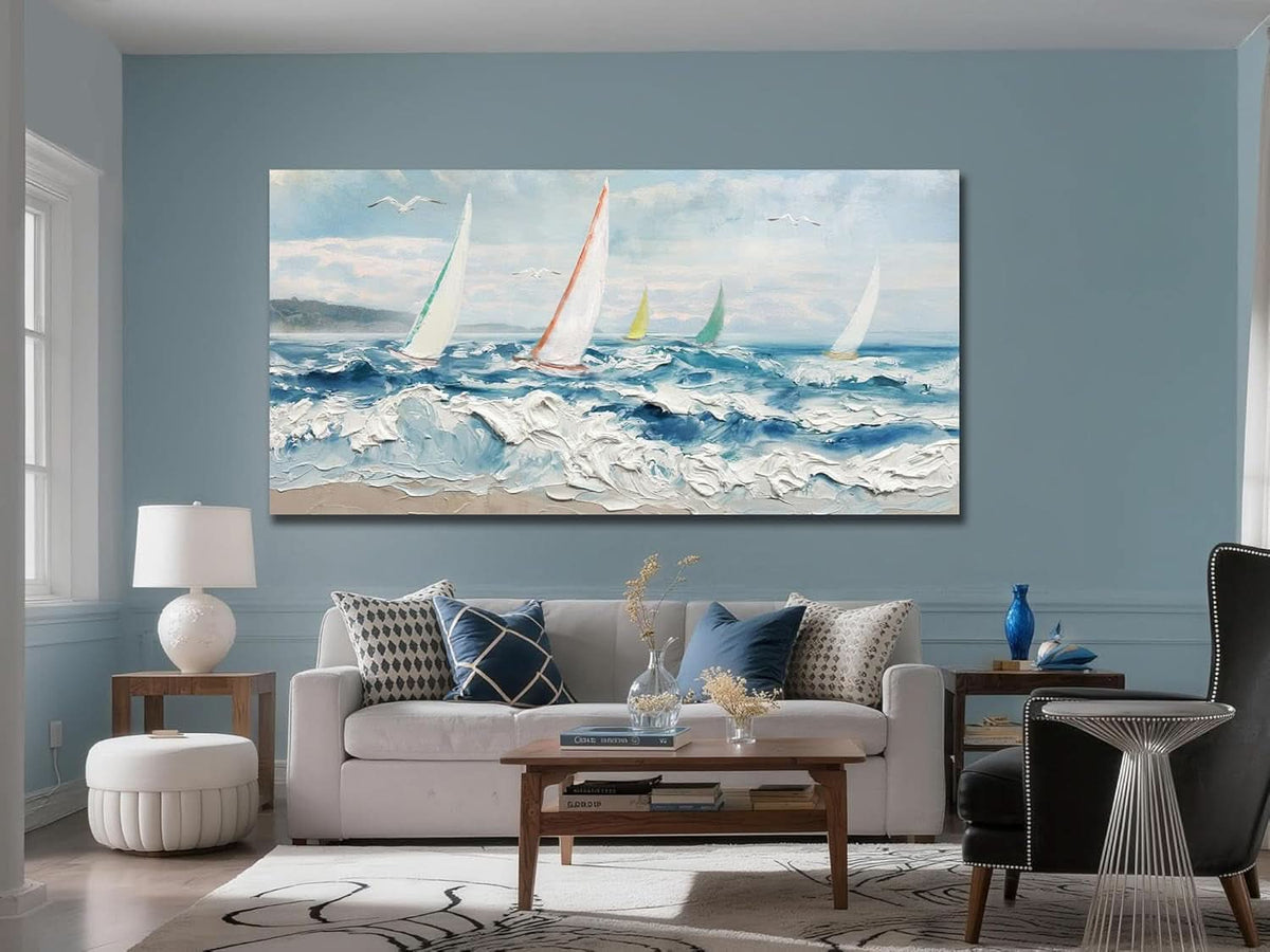 Ocean Wave Textured Coastal Wall Art 40x20 Blue Canvas – image 3