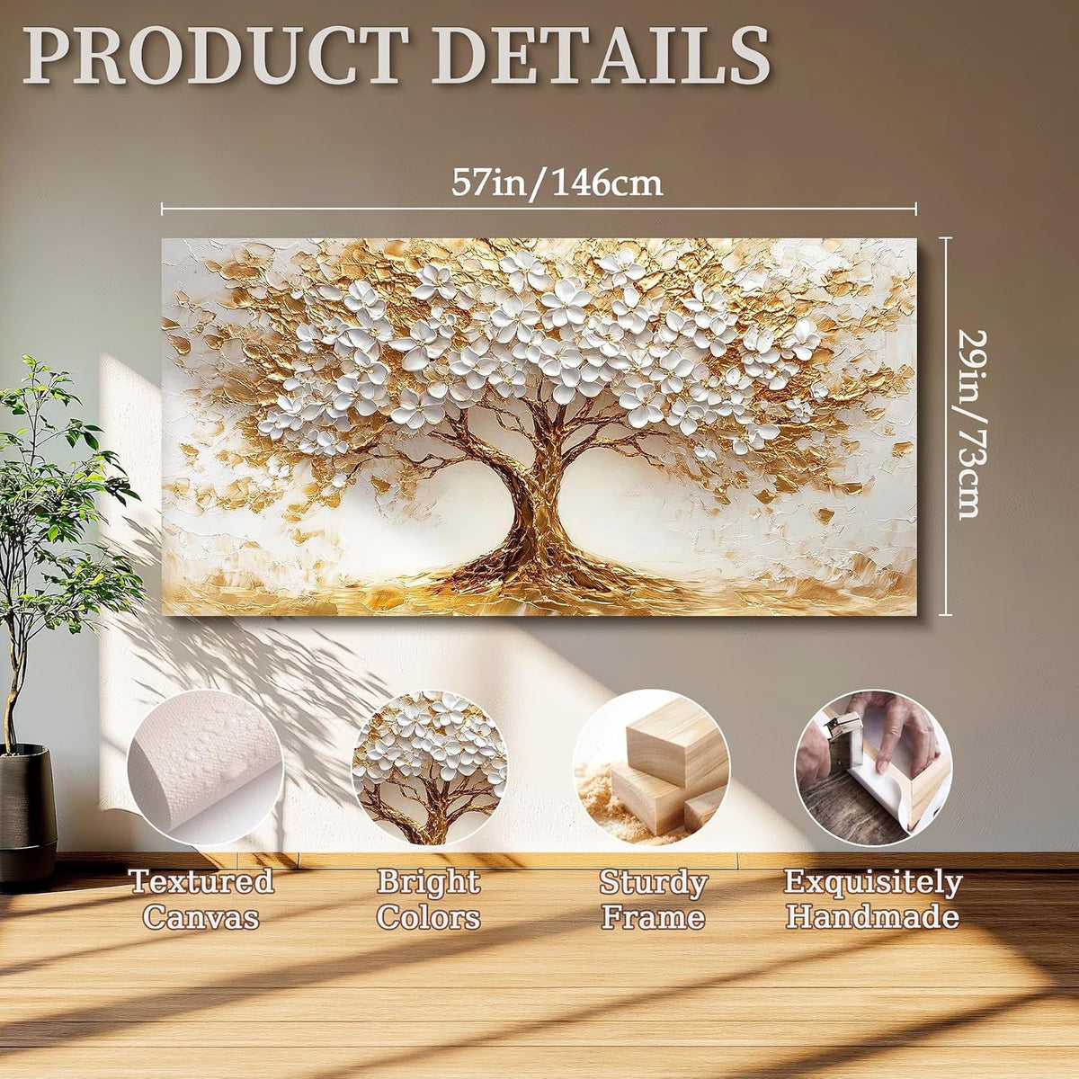 Tree of Life Landscape Wall Art 29x57 White Gold Canvas – image 4