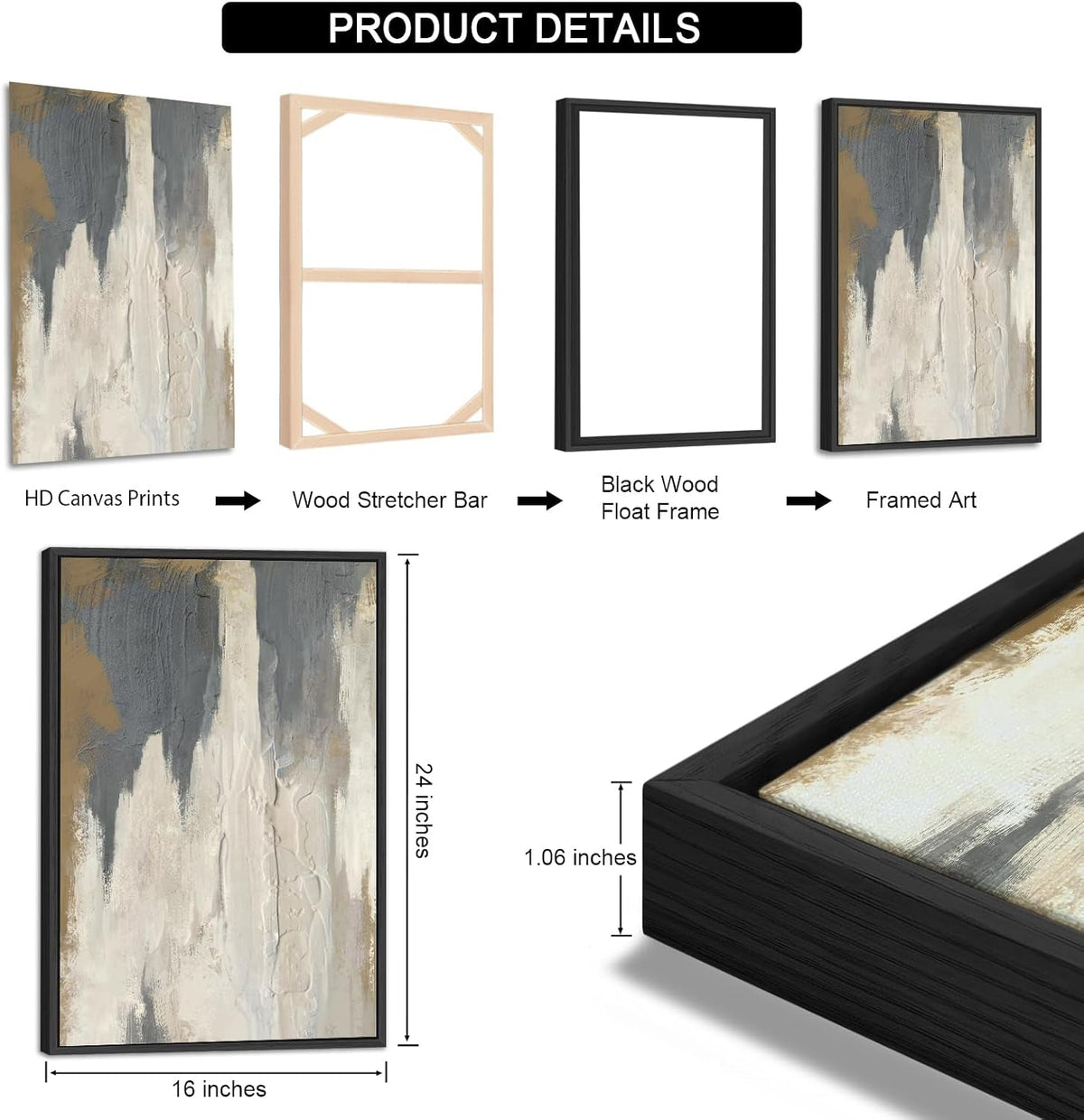 Expressionist Abstract Wall Art Set of 3 Beige Gray Canvas, 16x24 in – image 5