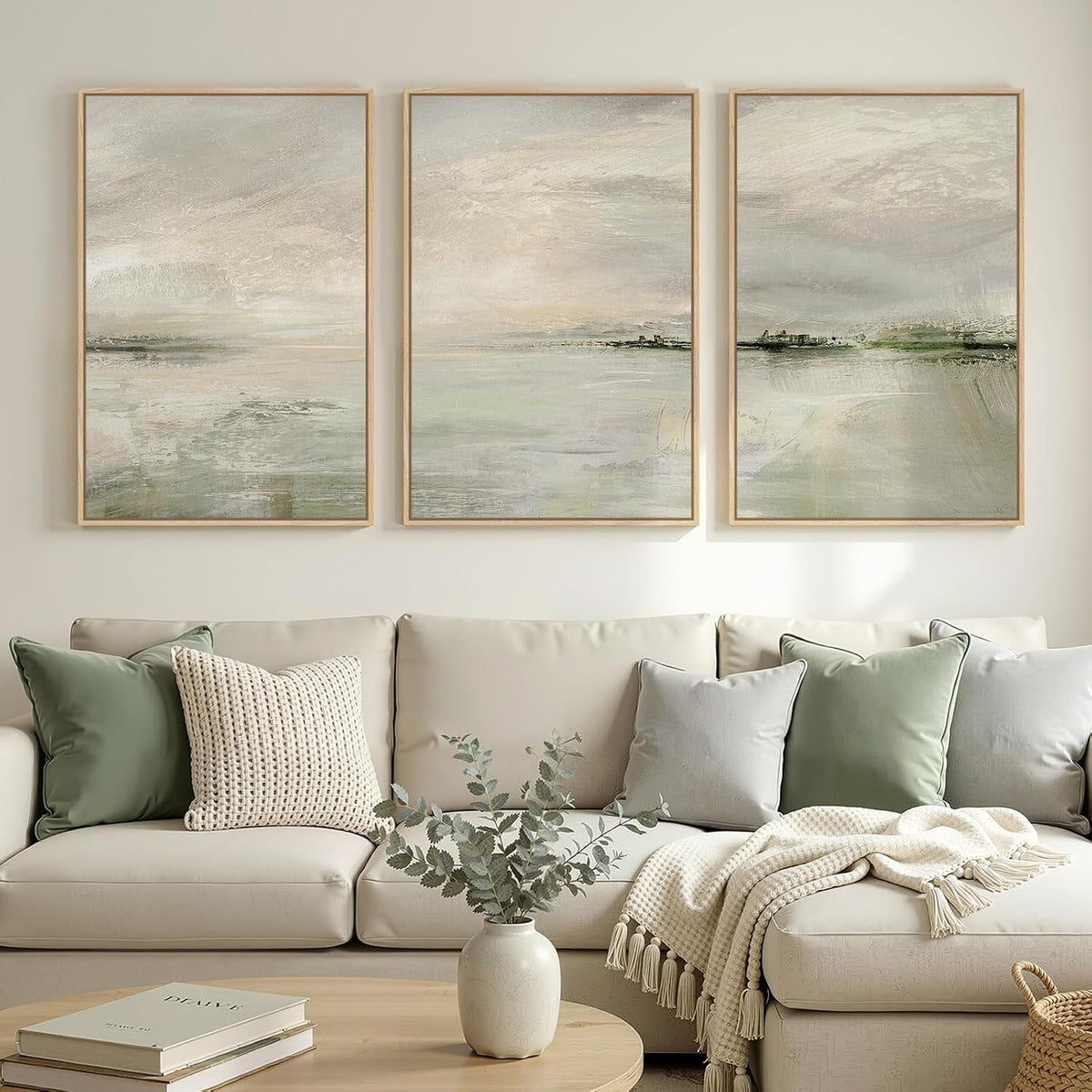 Abstract Landscape Wall Art Set of 3 Extra Large Sage Green Canvas – image 5