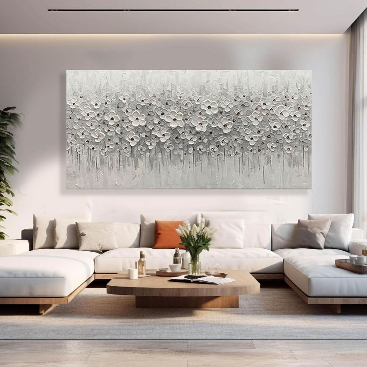 Flower Floral Wall Art 60x30 Hand-Painted Framed White Canvas – image 3