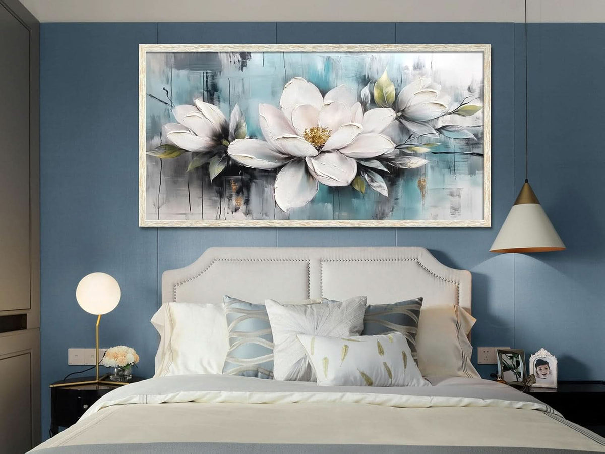 Magnolia Textured Floral Wall Art 48x24 Framed White Canvas – image 5