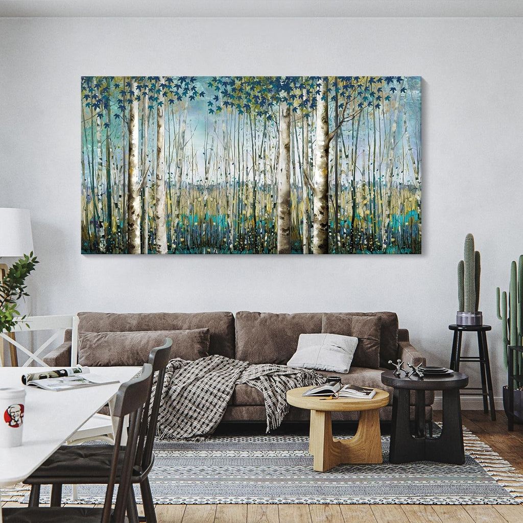 Birch Tree Landscape Wall Art 24x48 Framed Teal Canvas – image 2