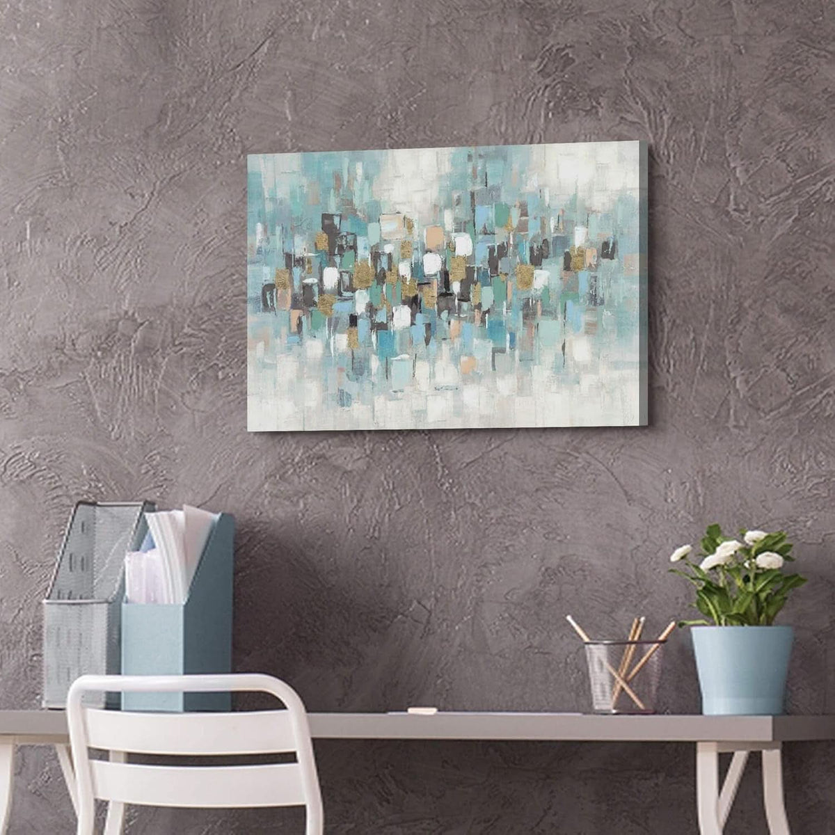 Acrylic Textured Abstract Wall Art 24x16 Hand-Painted Gold Teal Canvas – image 4