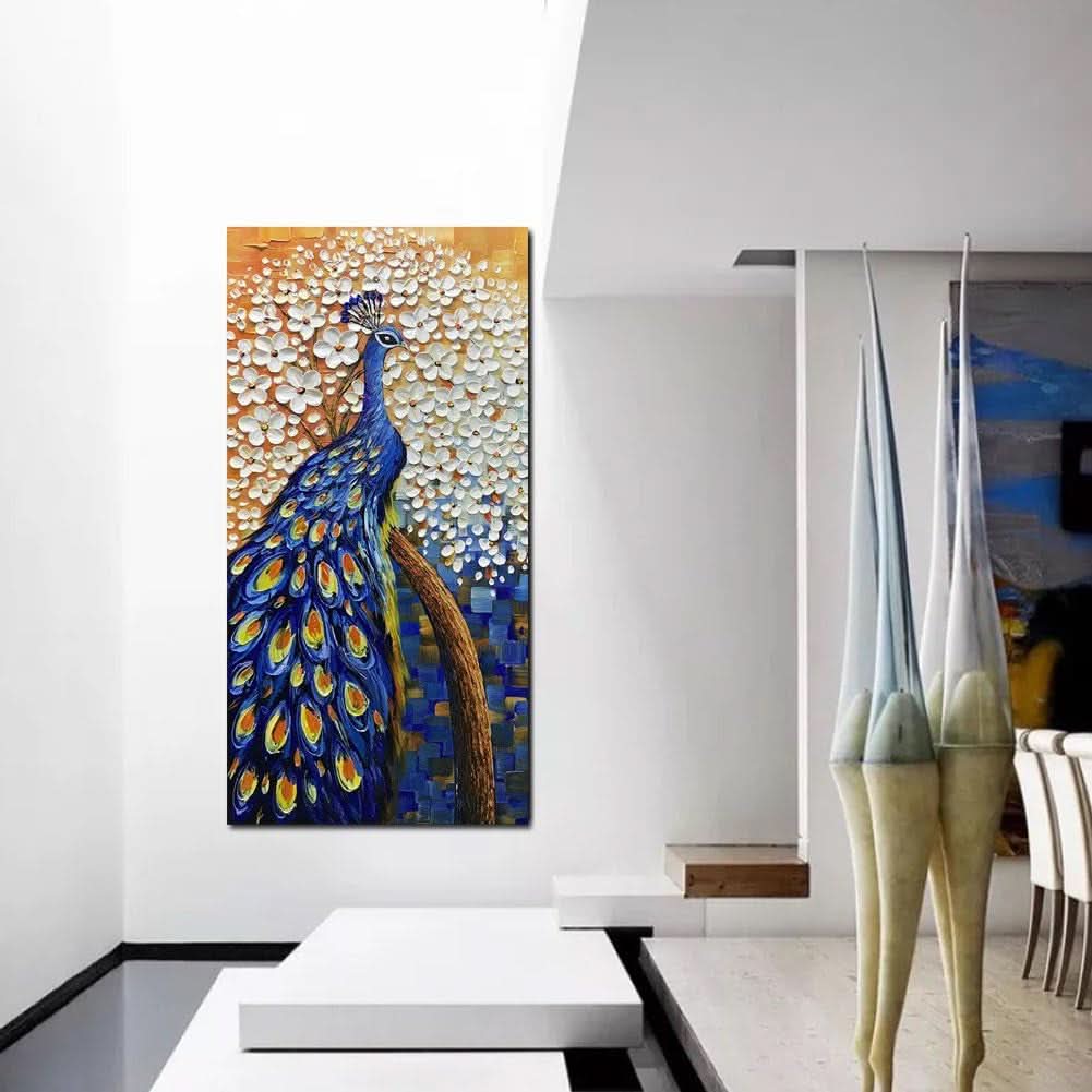 Peacock Feathered Wall Art 24x48 Hand-Painted Framed Canvas – image 6