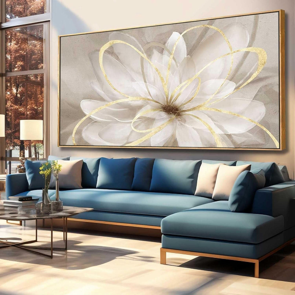 Line Ornamental Floral Wall Art 30x60 Gold Canvas for Living Room – image 3
