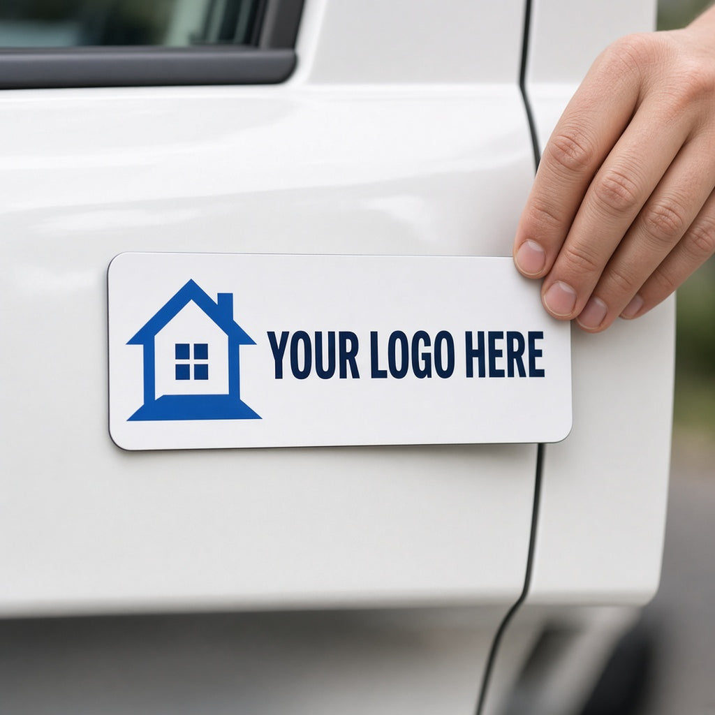 Close-up of a flexible custom vehicle magnet being applied to a car door