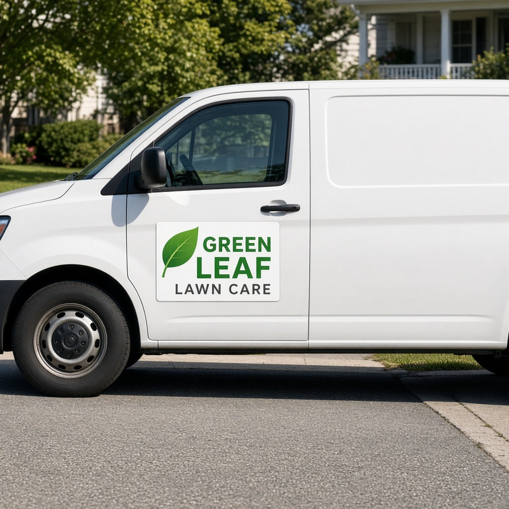 Custom full-color car magnet sign on the door of a white work van