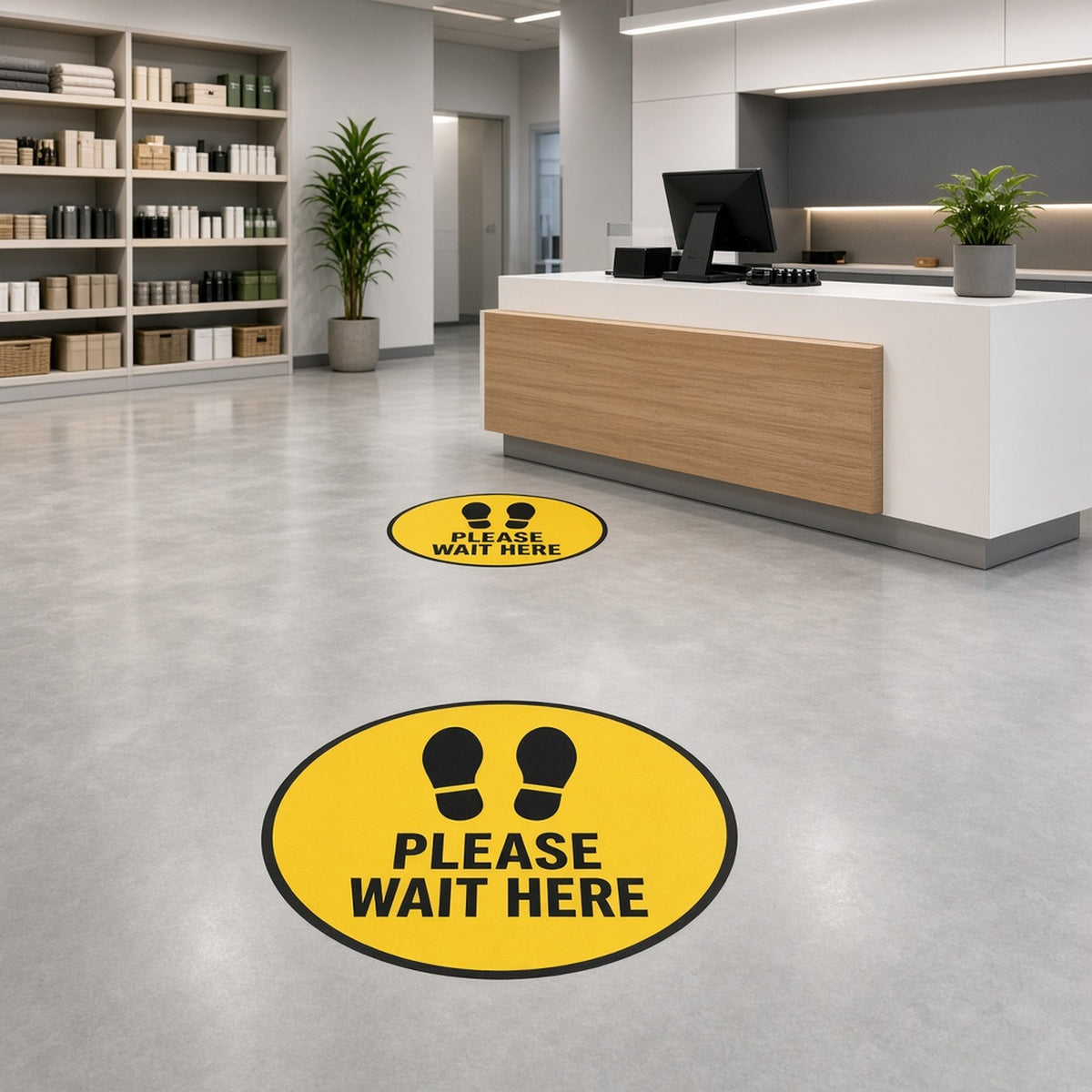 Round yellow Please Wait Here floor decals on a retail store floor in front of a checkout counter