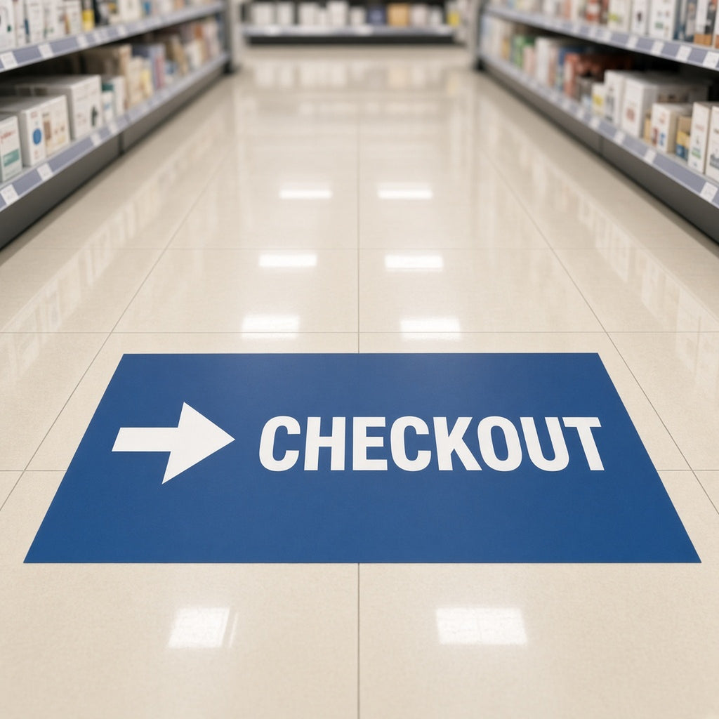 Blue wayfinding floor decal with arrow pointing to checkout in a store aisle