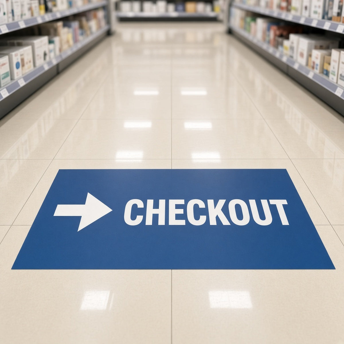 Blue wayfinding floor decal with arrow pointing to checkout in a store aisle
