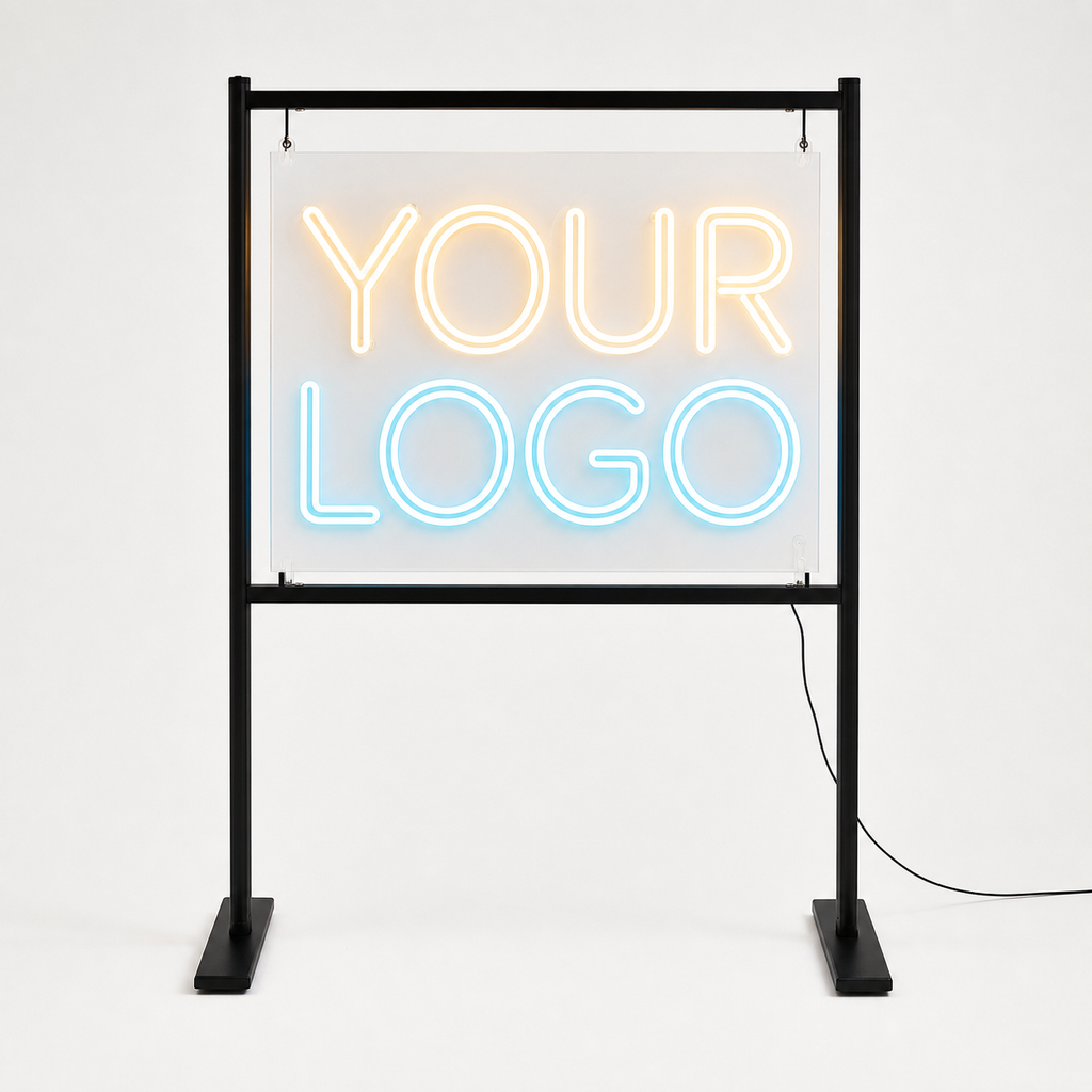 Custom LED neon sign product photo on clear acrylic with freestanding event display stand