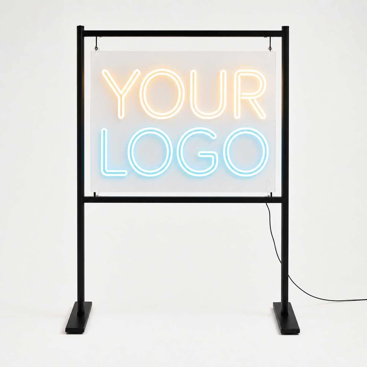 Custom LED neon sign product photo on clear acrylic with freestanding event display stand