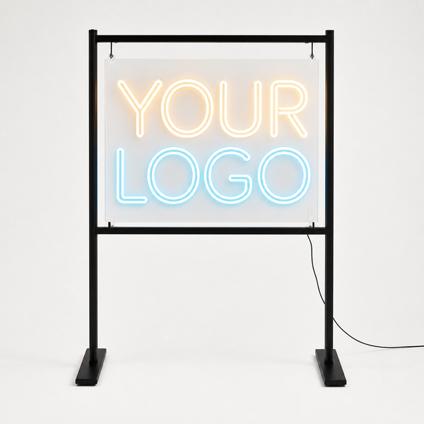 Custom LED neon sign product photo on clear acrylic with freestanding event display stand