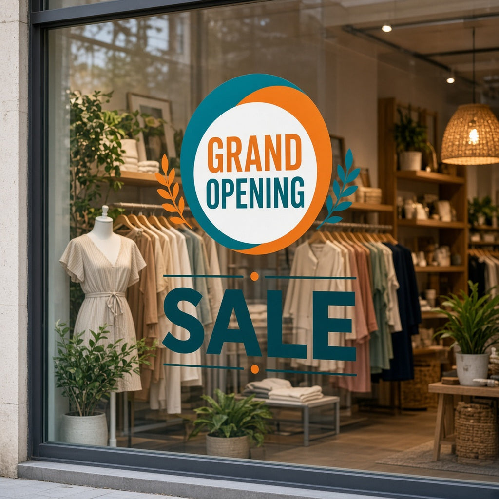 Clear window cling printed with a Grand Opening Sale design on a boutique shop window