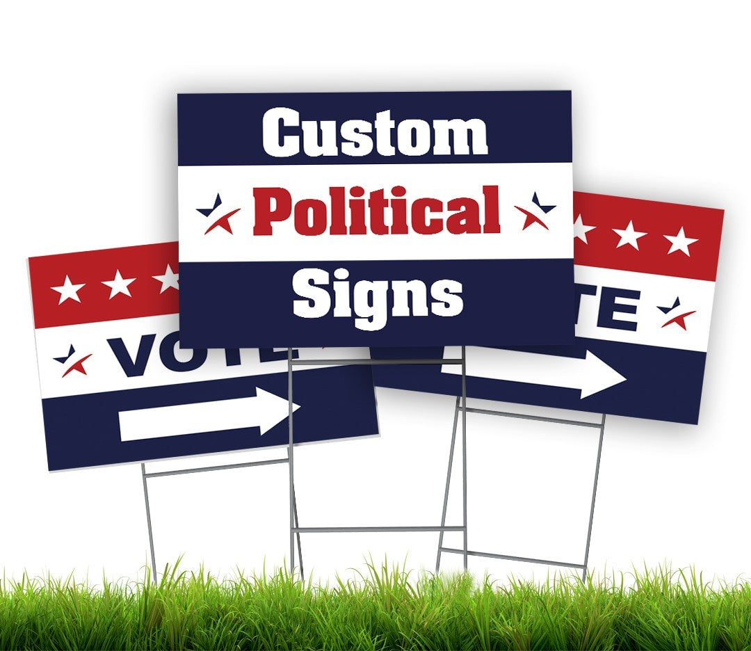 Group of custom printed yard signs on H-stakes in a lawn