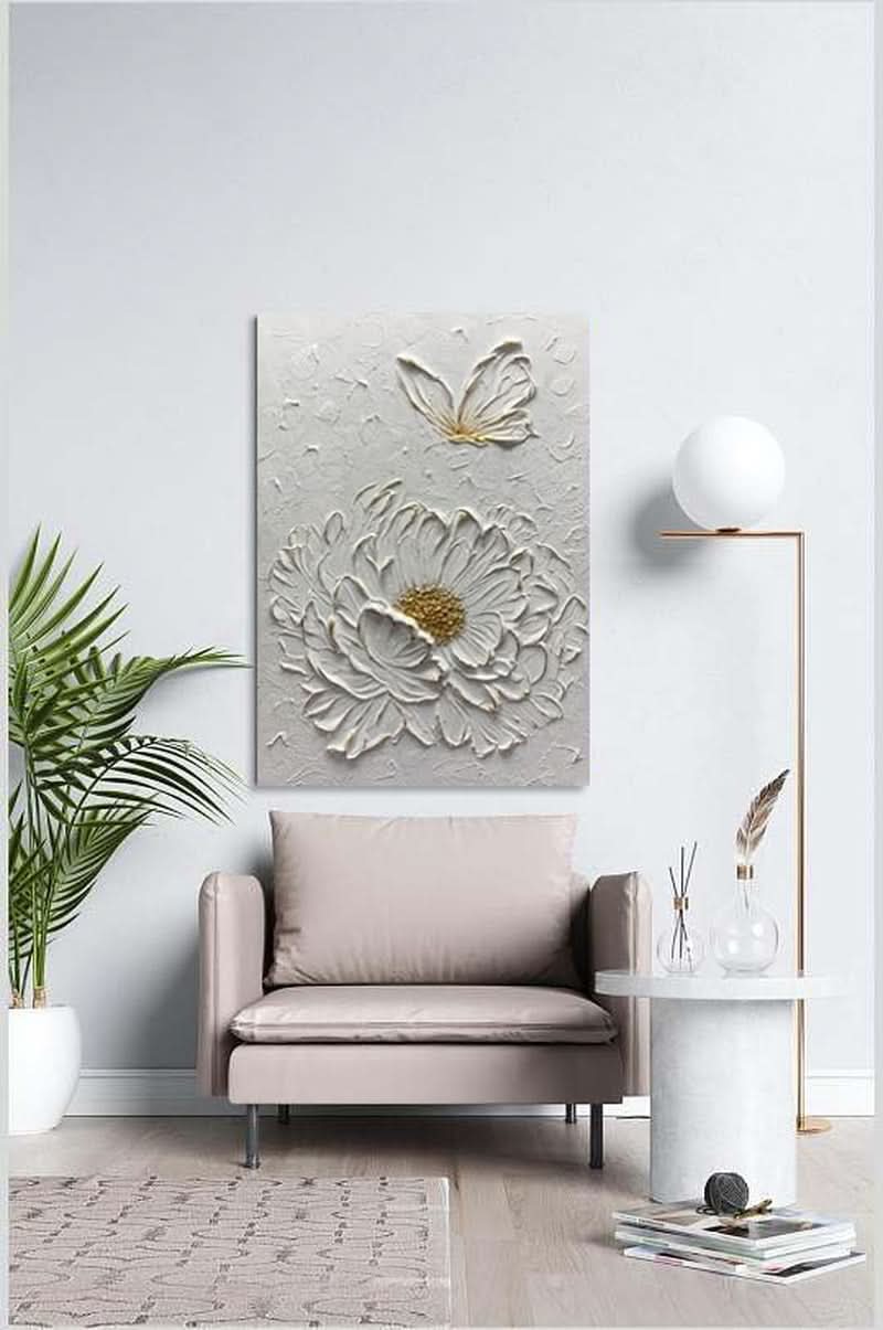 Textured Floral Wall Art 30x45 Hand-Painted White for Living Room – image 3
