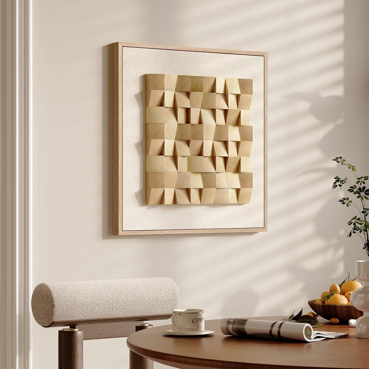 Wood Geometric Textured Modern Wall Art 28x28 Framed Beige – image 3