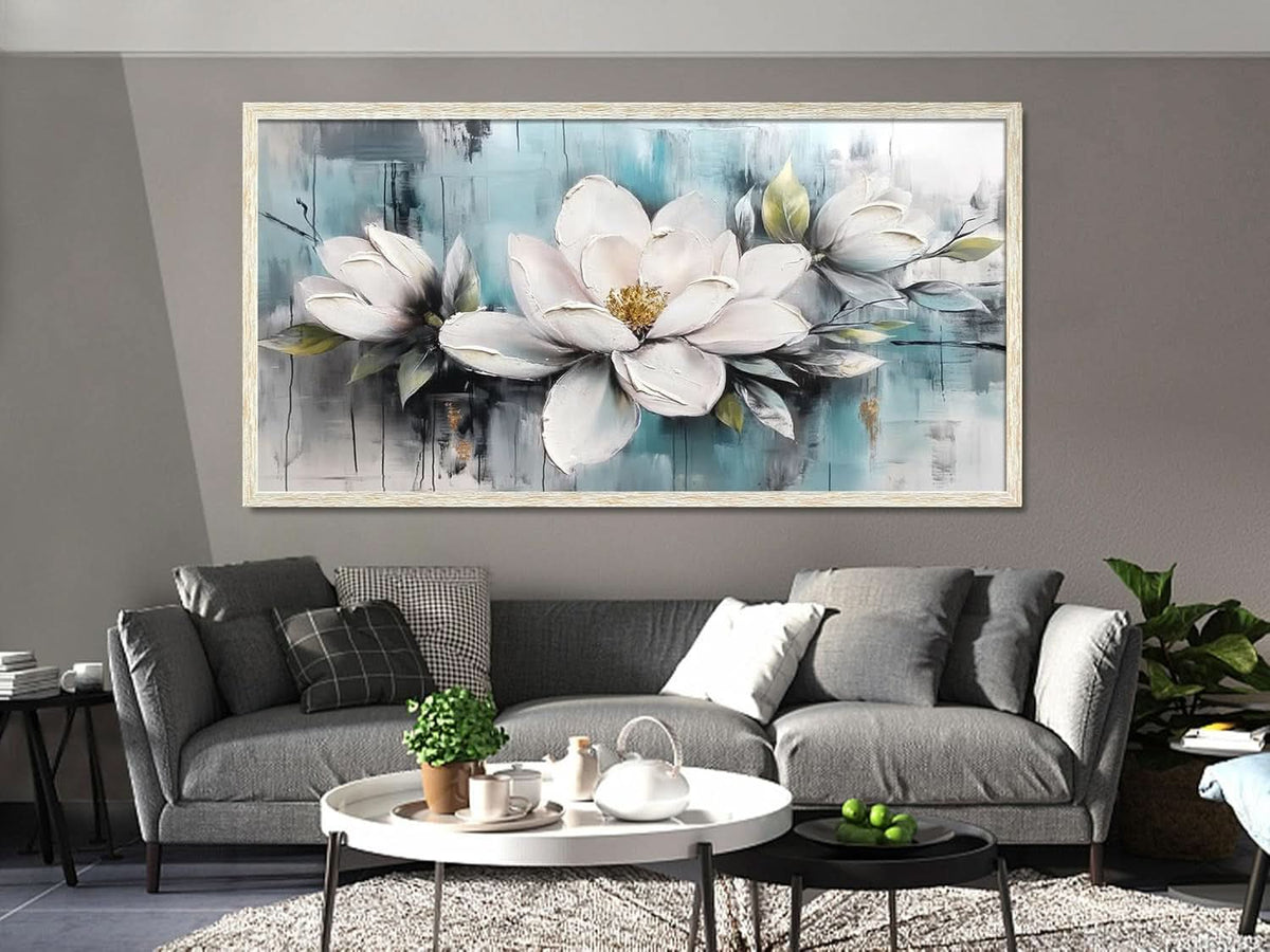 Magnolia Textured Floral Wall Art 48x24 Framed White Canvas – image 3