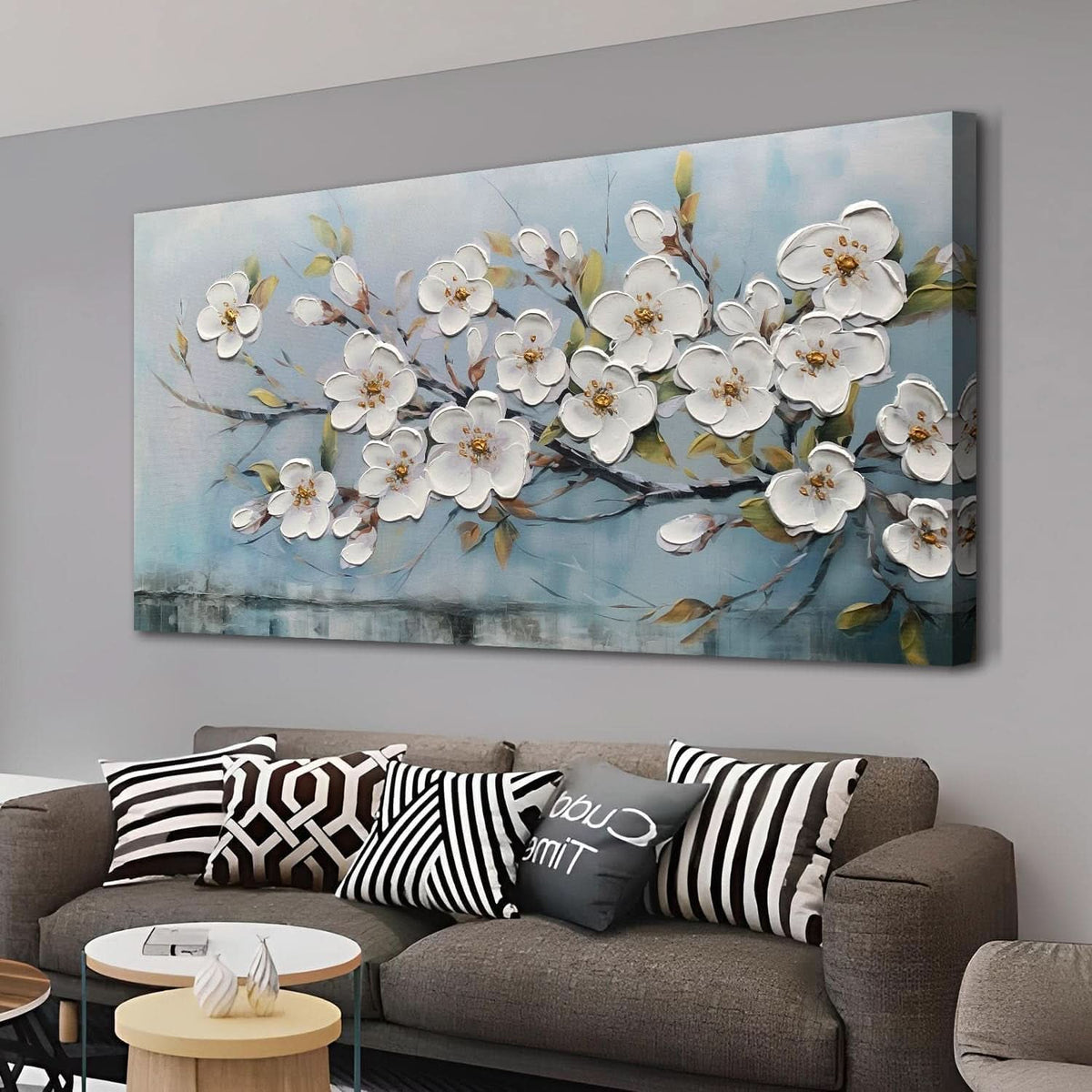 Textured Floral Wall Art 40x20 Hand-Painted White for Living Room – image 2