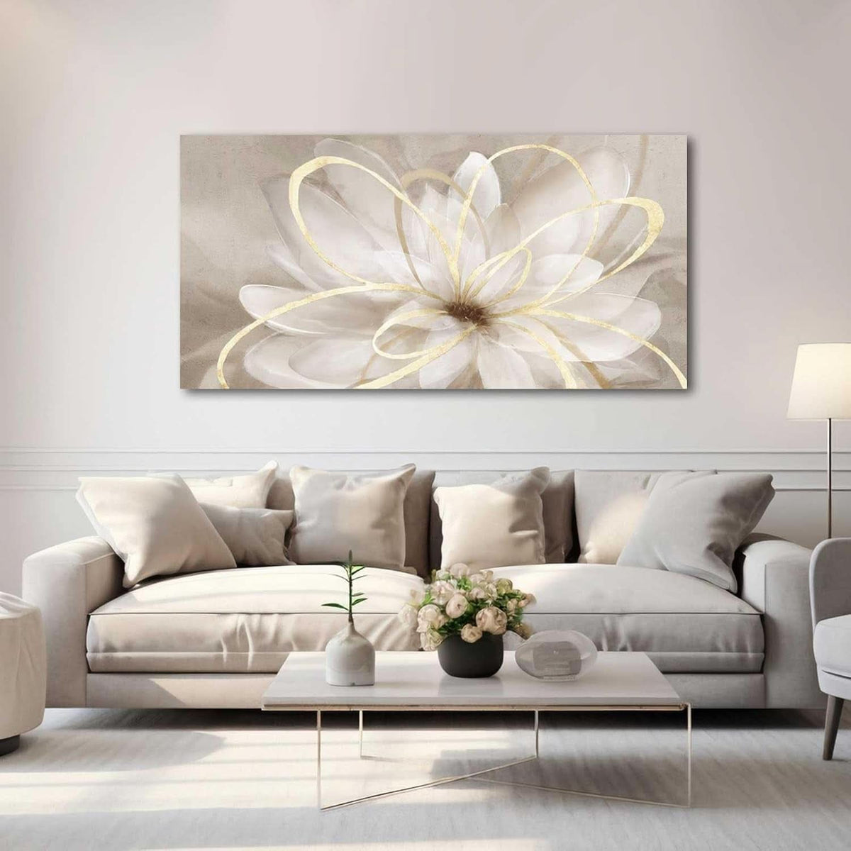 Delicate Floral Wall Art 24x48 Framed Gold Canvas for Living Room – image 6