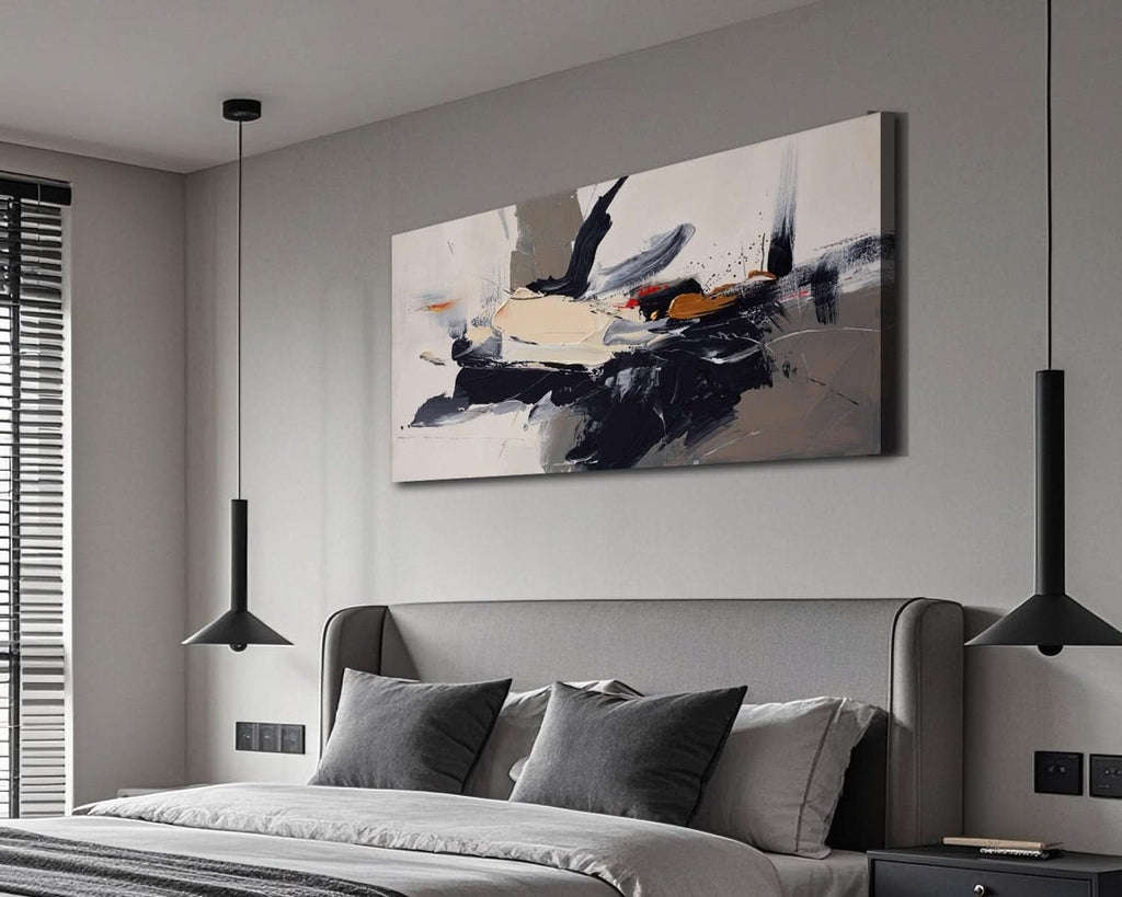 Textured Abstract Wall Art 58x29 Framed Black Beige Canvas – image 6