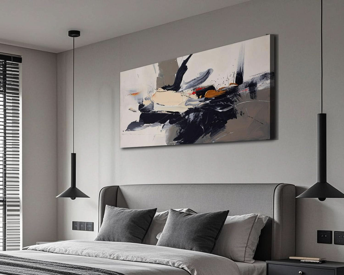 Textured Abstract Wall Art 58x29 Framed Black Beige Canvas – image 6