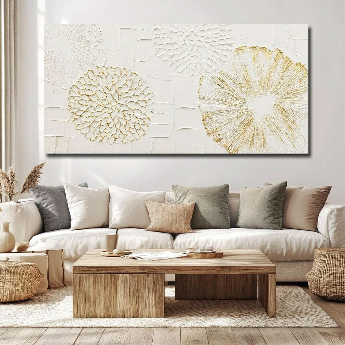Floral Wall Art 24x48 Hand-Painted White Canvas for Living Room – image 2