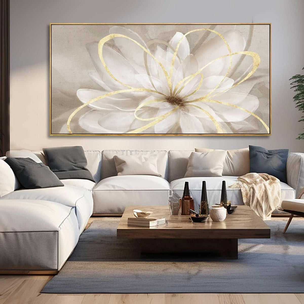 Line Ornamental Floral Wall Art 30x60 Gold Canvas for Living Room – image 2