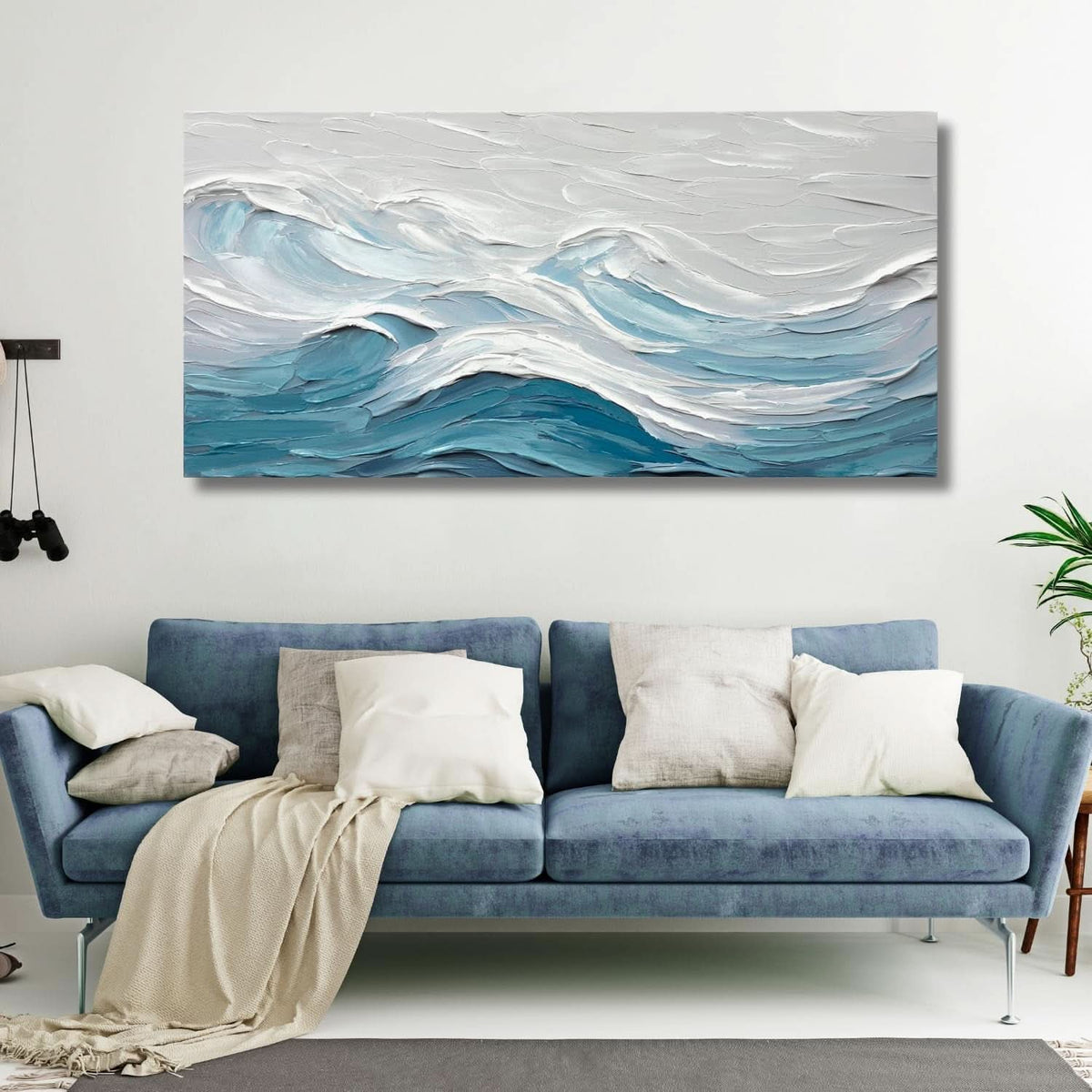Ocean Abstract Coastal Wall Art 20x40 Hand-Painted White Blue Canvas – image 6