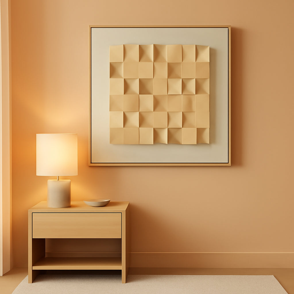 Wood Geometric Textured Modern Wall Art 28x28 Framed Beige – main view