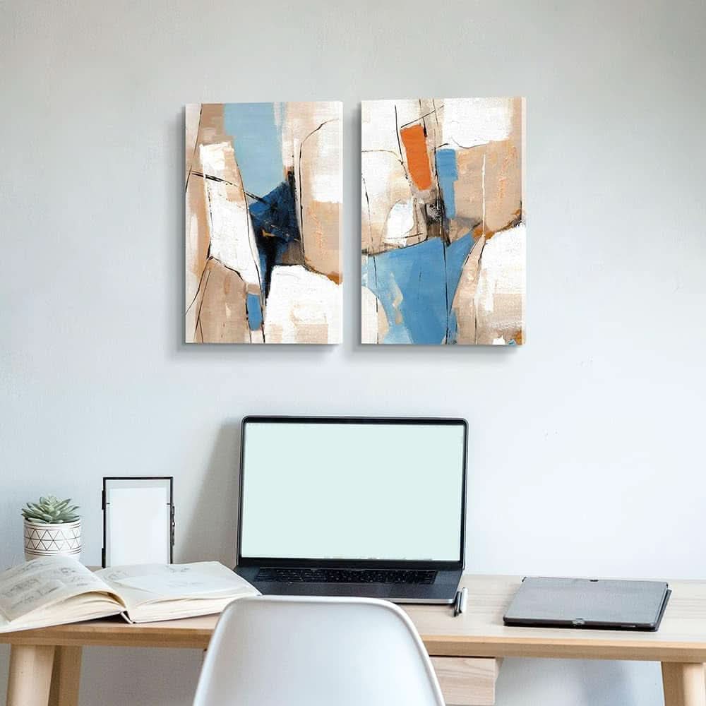 Khaki Expressionist Abstract Wall Art Set of 2 Blue Canvas – image 3