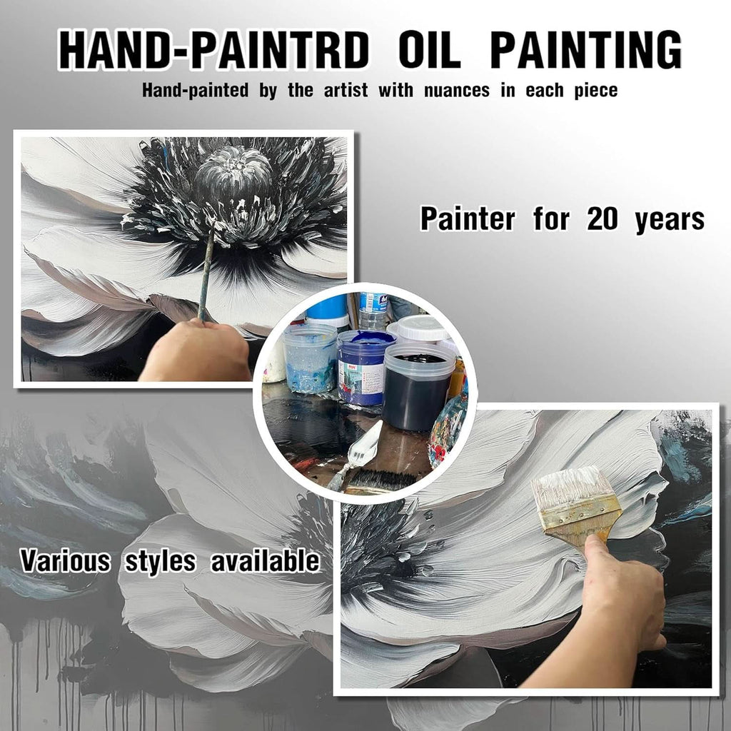 Black and White Floral Wall Art 59x29 Hand-Painted Canvas – image 4
