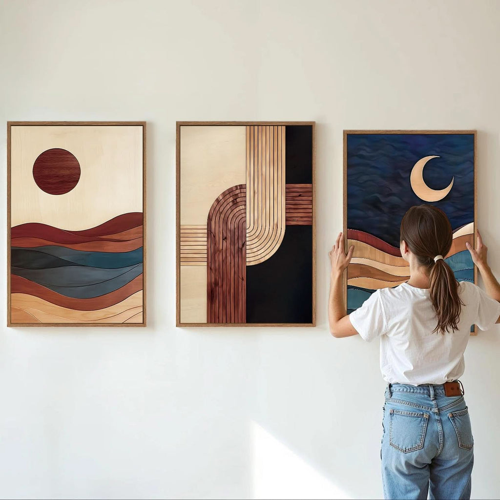 Three-Panel Abstract Wall Art Set of 3 Framed Beige Canvas, 16x24 in – image 2