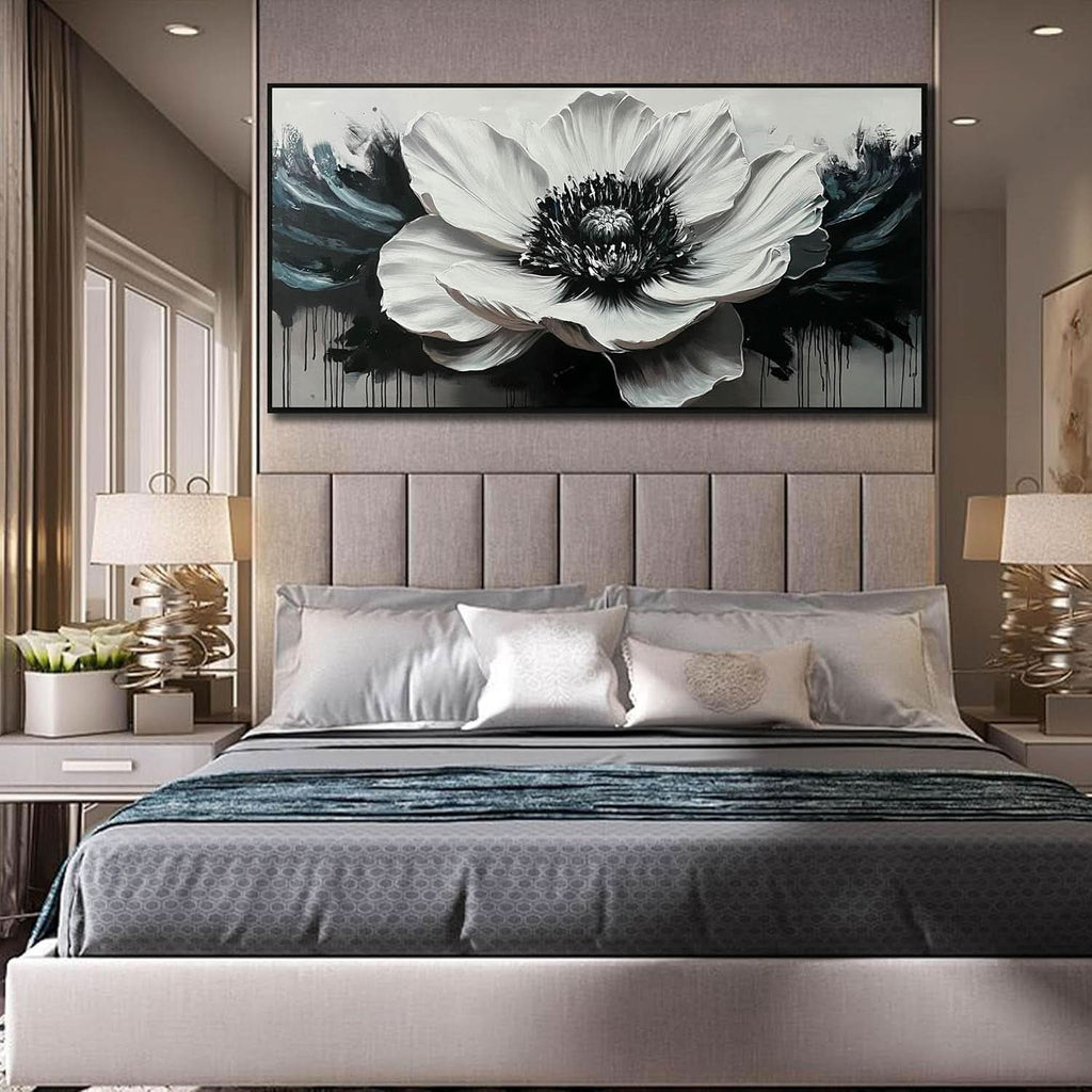 Black and White Floral Wall Art 59x29 Hand-Painted Canvas – image 5