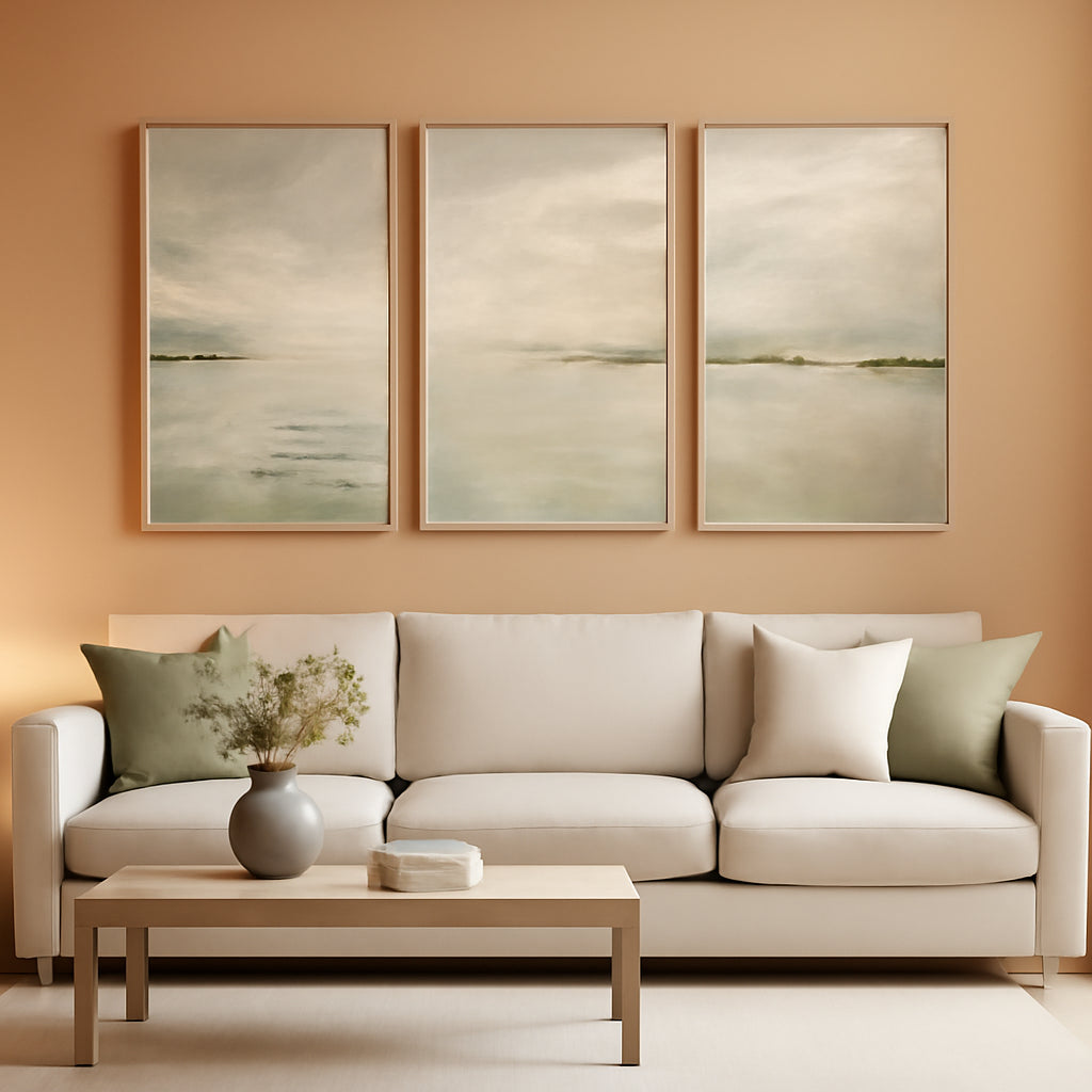 Abstract Landscape Wall Art Set of 3 Extra Large Sage Green Canvas – main view