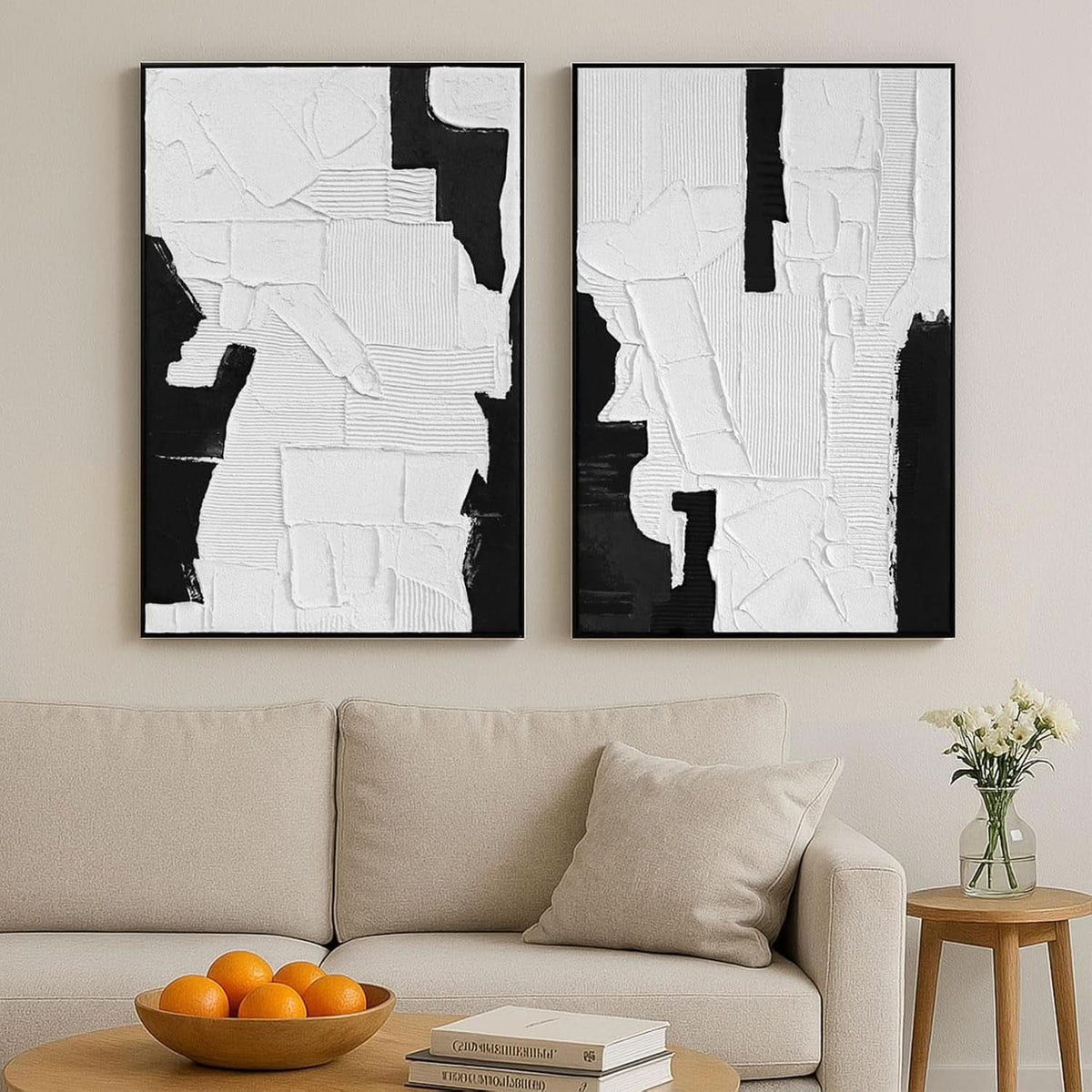 Textured Black and White Wall Art Hand-Painted Framed Canvas – image 2