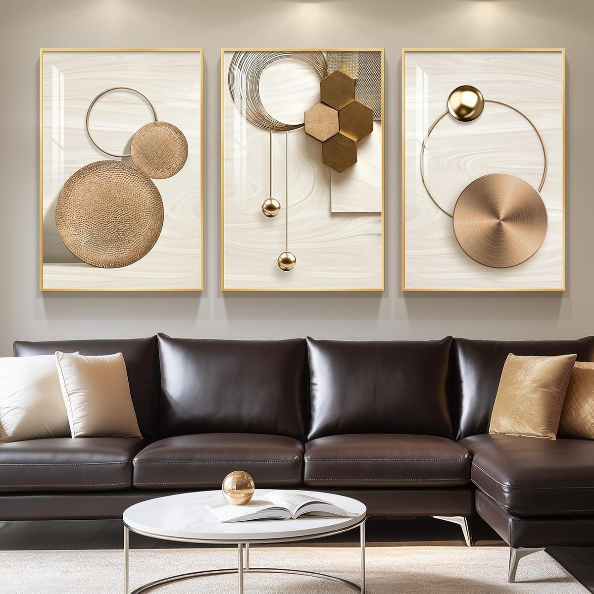Modern Wall Art Set of 3 Framed Gold, 24x36 in for Living Room – image 4