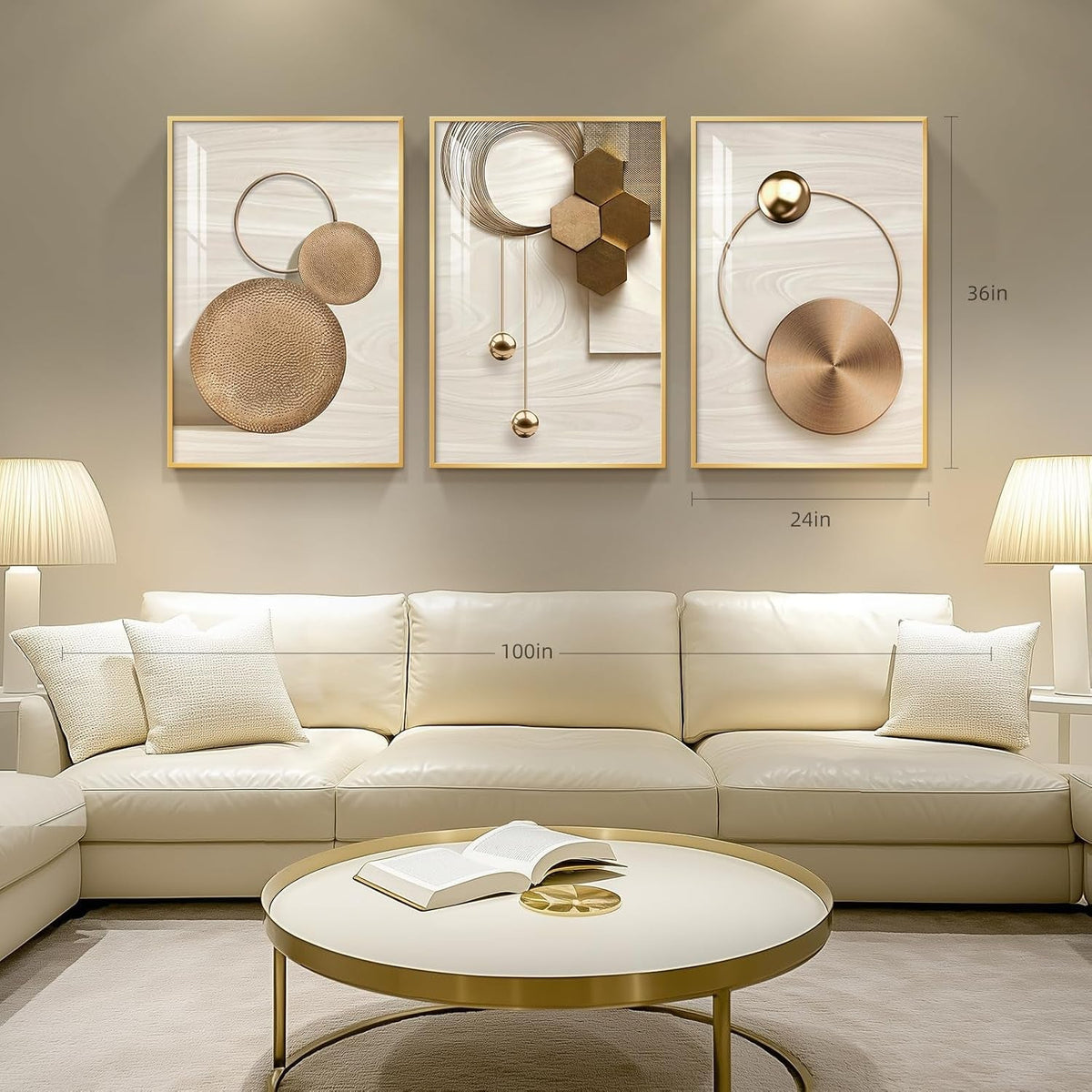 Modern Wall Art Set of 3 Framed Gold, 24x36 in for Living Room – image 5