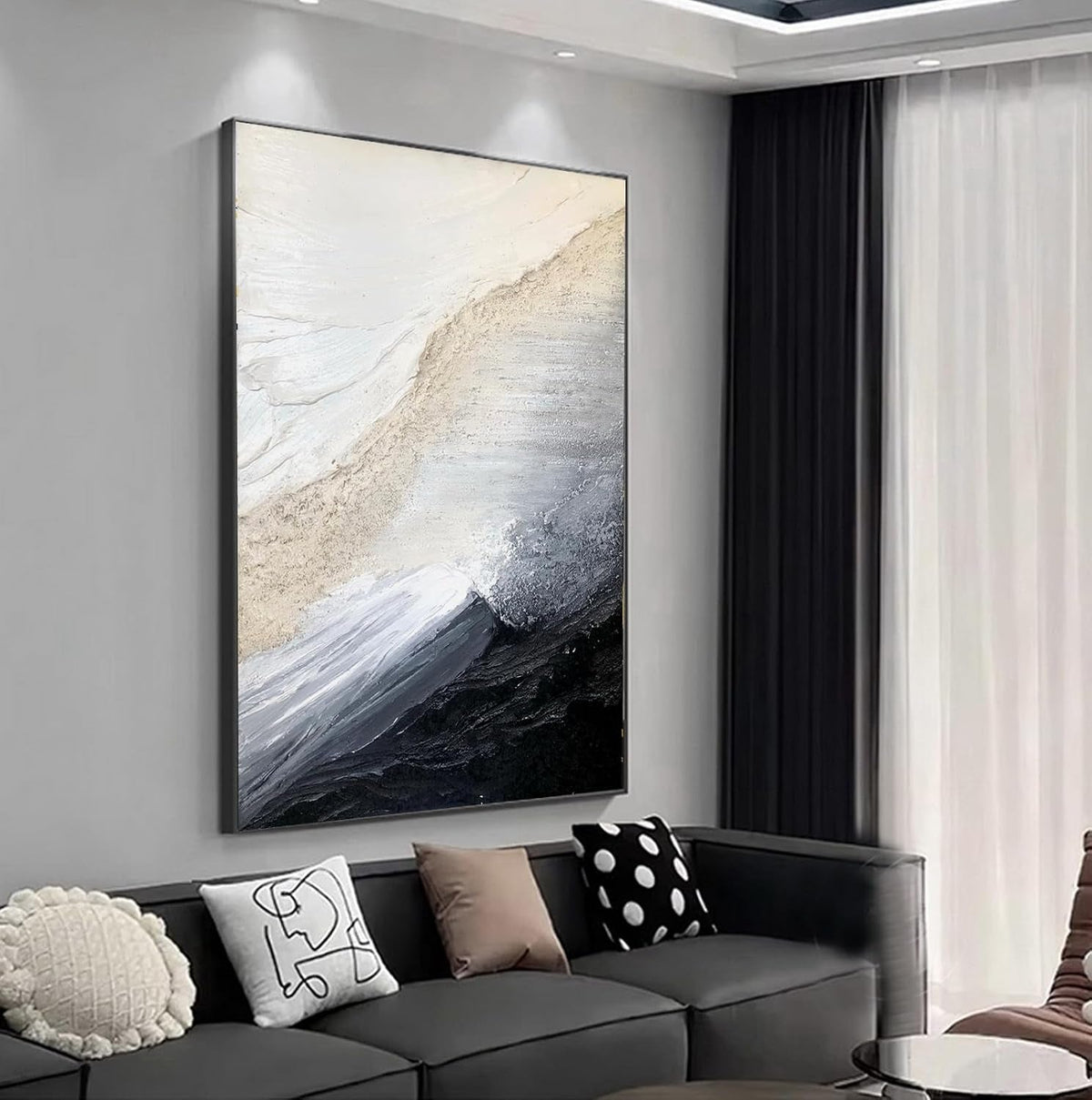 Black and White Coastal Wall Art 32x48 Hand-Painted Framed – image 6