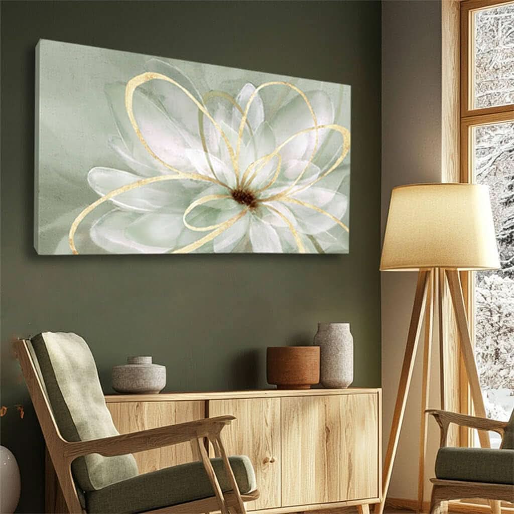 Blossom Line Floral Wall Art 29x58 Hand-Painted White Gold Canvas – image 5