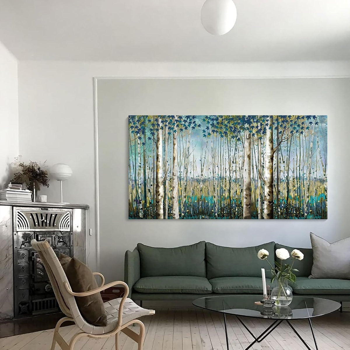 Birch Tree Landscape Wall Art 24x48 Framed Teal Canvas – image 3