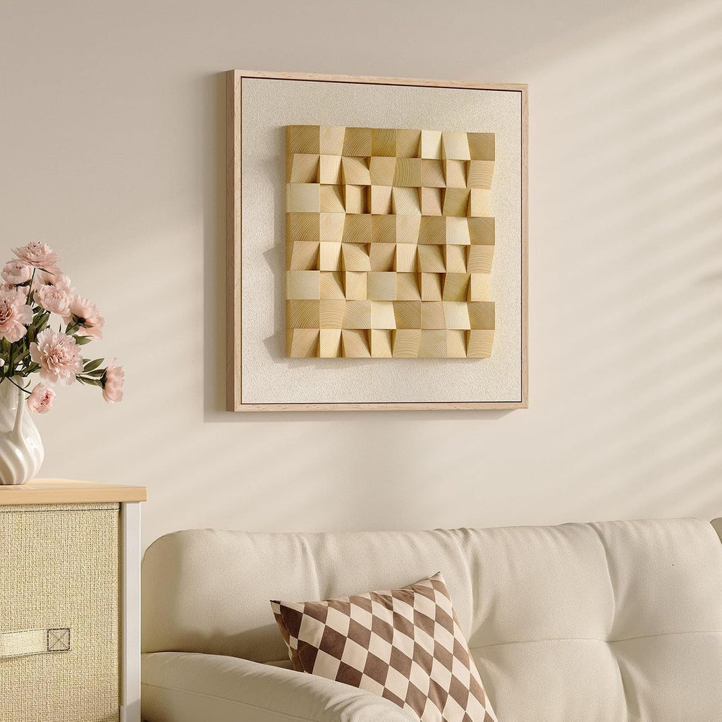 Wood Geometric Textured Modern Wall Art 28x28 Framed Beige – image 2