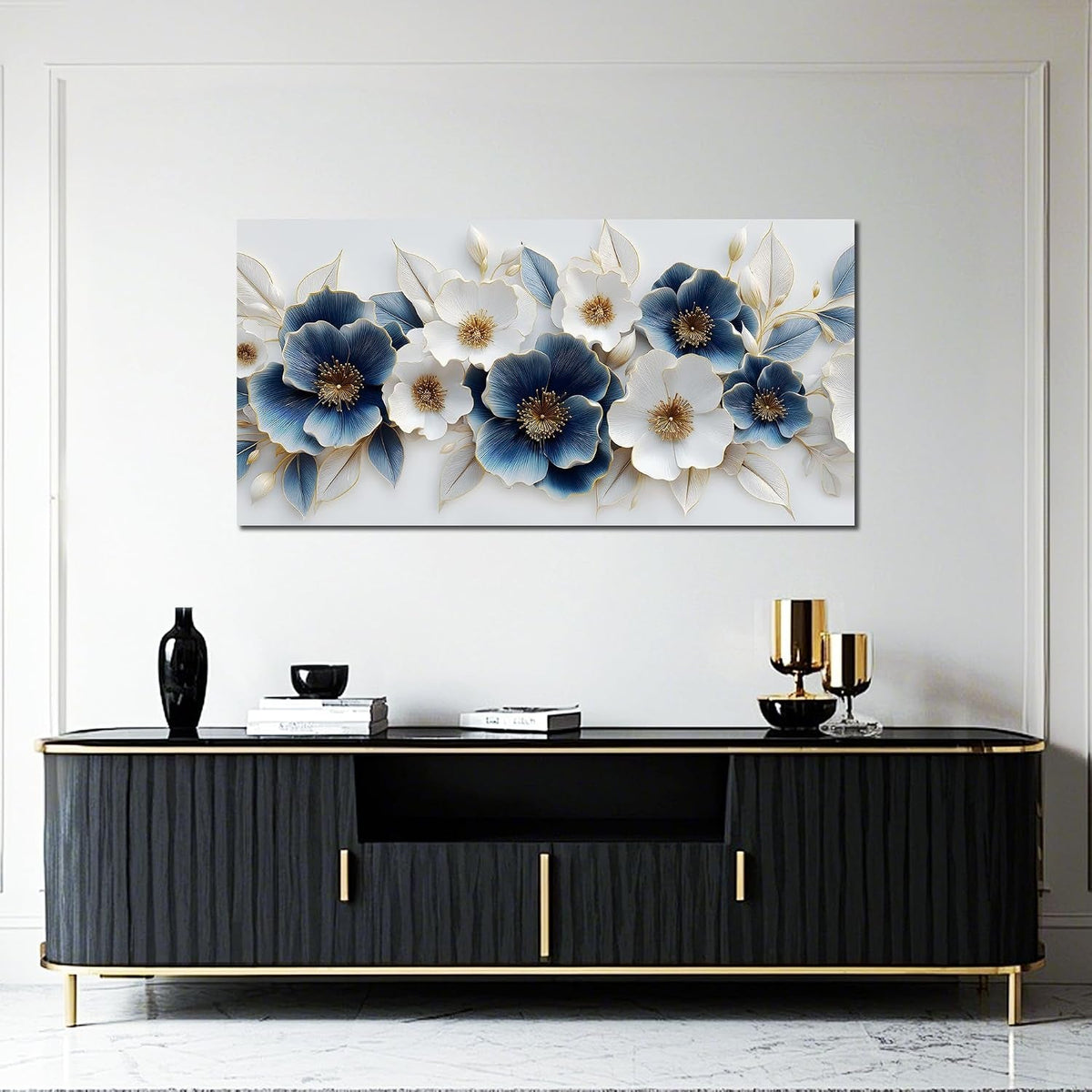 Floral Wall Art 20x40 Hand-Painted Framed White Blue Canvas – image 2